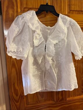 Ultra Pink White Floral Eyelet Ruffle Blouse. Size M and L